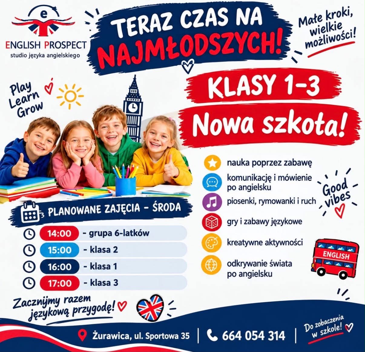 👧🧒 KLASY 1–3 ZAPRASZAMY DO SZKOŁY JĘZYKA ANGIELSKIEGO ENGLISH PROSPECT W ŻURAWICY! ✨ 📚